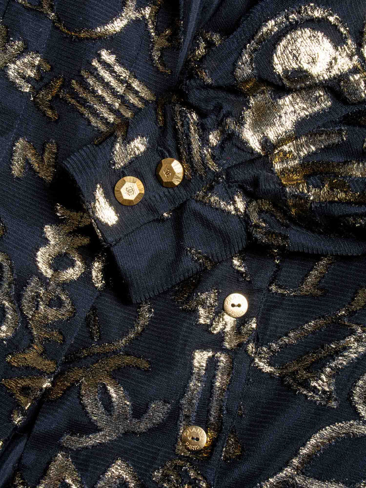 Top Quality Chanel CC Logo Silk New York Graffiti Button Up Blouse Black Gold