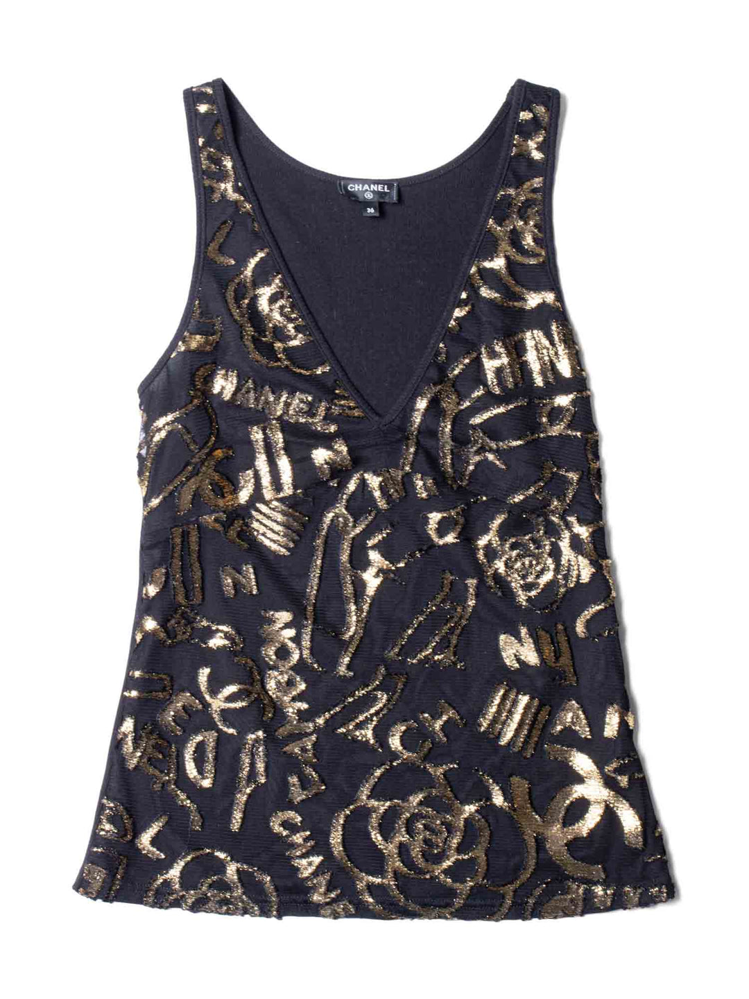 CHANEL CC Logo Silk New York Graffiti Sleeveless Top Black Gold-designer resale