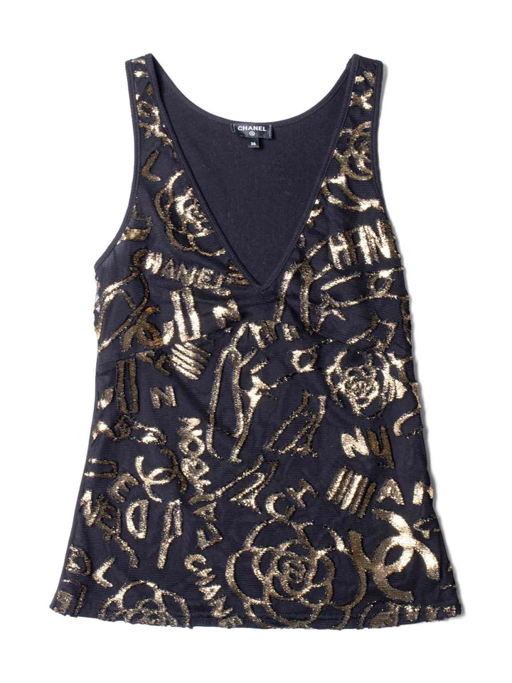 CHANEL CC Logo Silk New York Graffiti Sleeveless Top Black Gold-designer resale