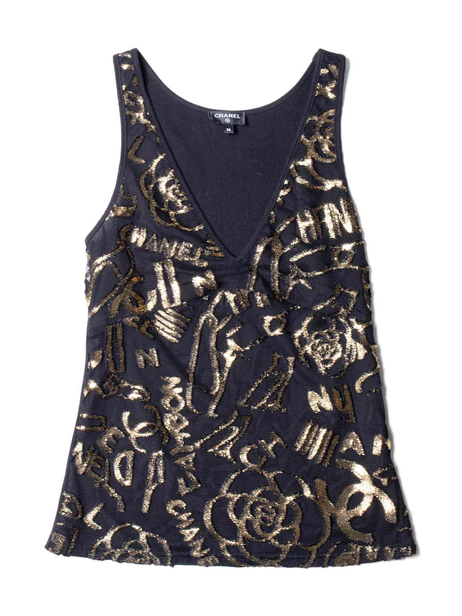 CHANEL CC Logo Silk New York Graffiti Sleeveless Top Black Gold-designer resale
