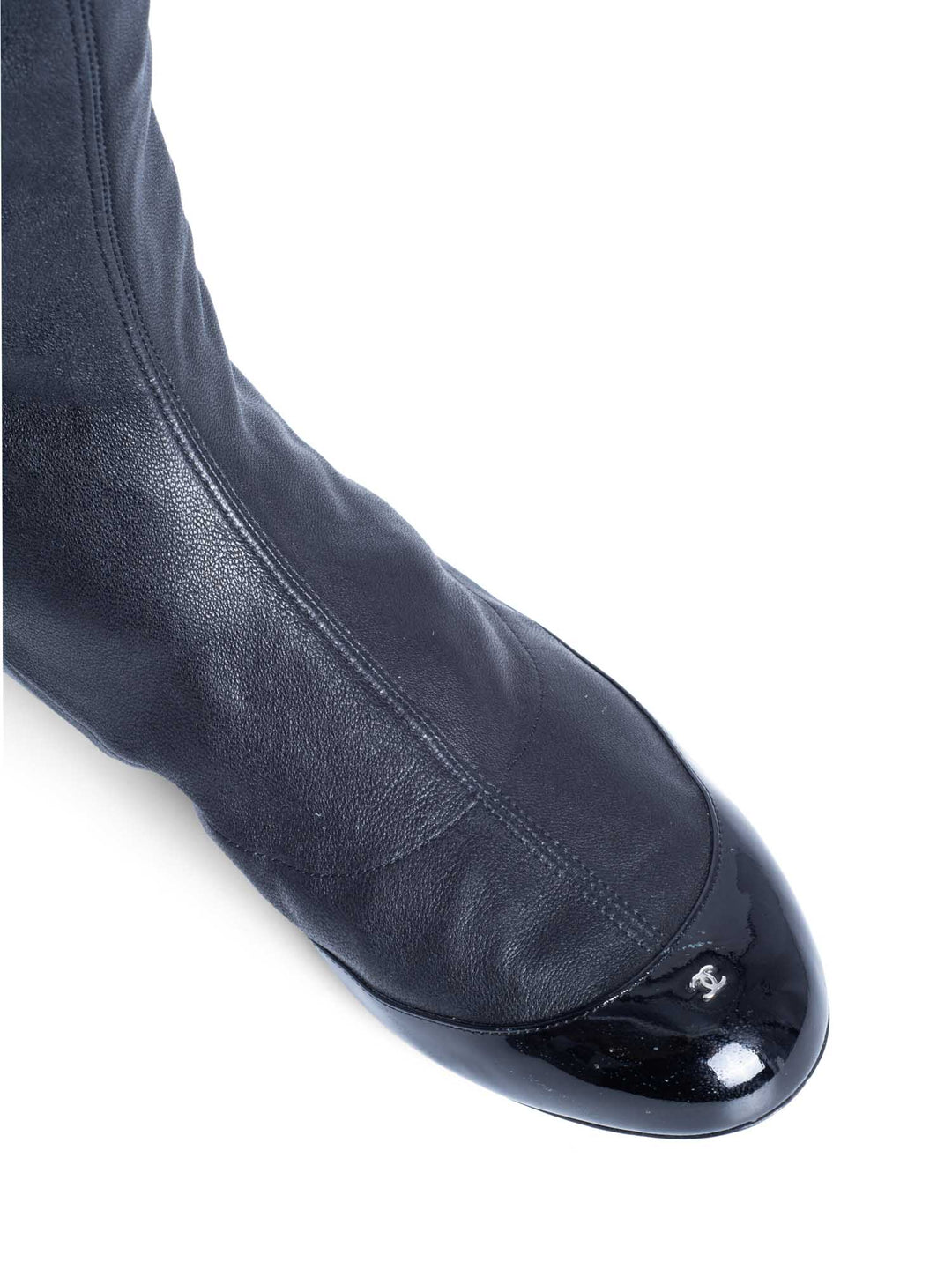 Top Quality Chanel CC Logo Stretchy Leather Cap Toe Over The Knee Boots Black