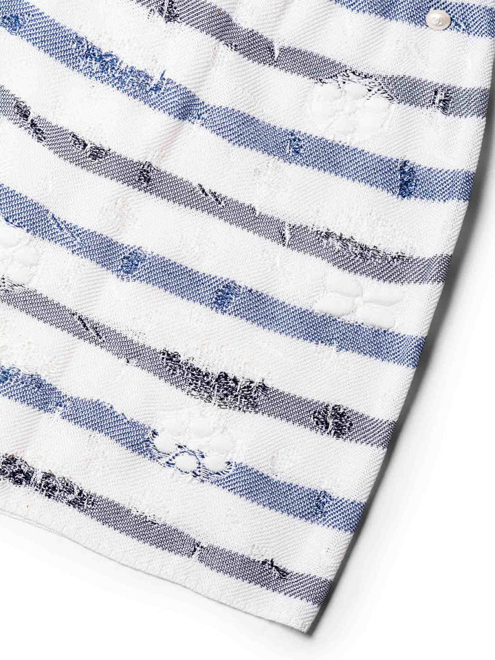 Top Quality Chanel CC Logo Striped Knit Distressed Camellia Skirt White Navy Blue