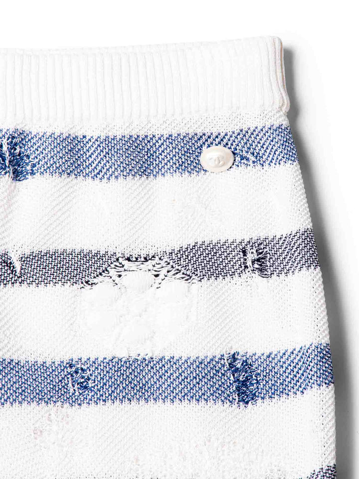 Top Quality Chanel CC Logo Striped Knit Distressed Camellia Skirt White Navy Blue