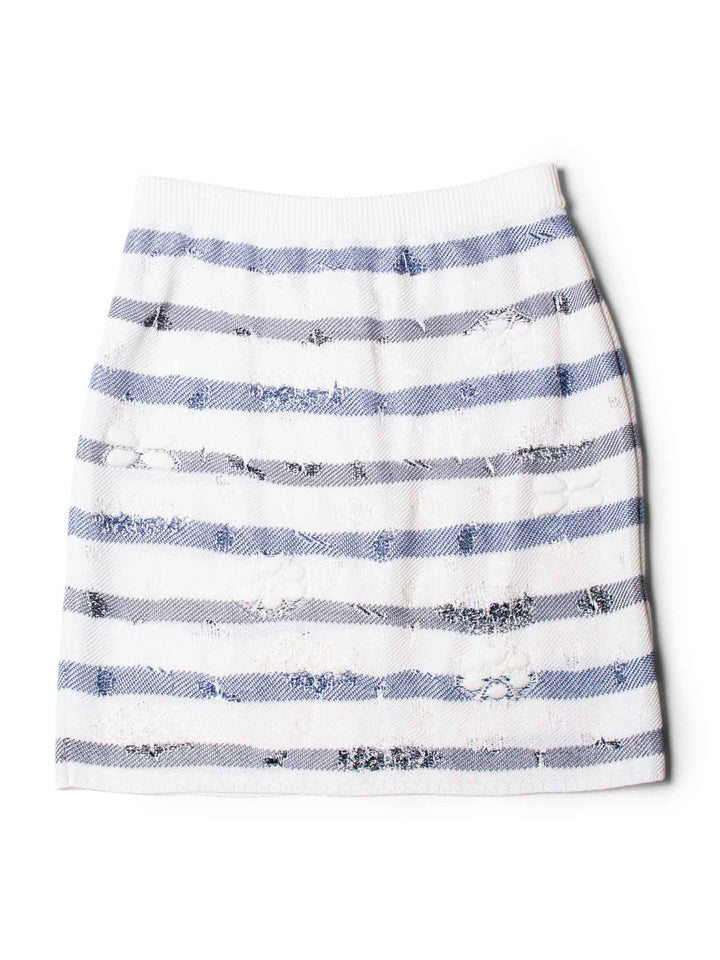 Top Quality Chanel CC Logo Striped Knit Distressed Camellia Skirt White Navy Blue