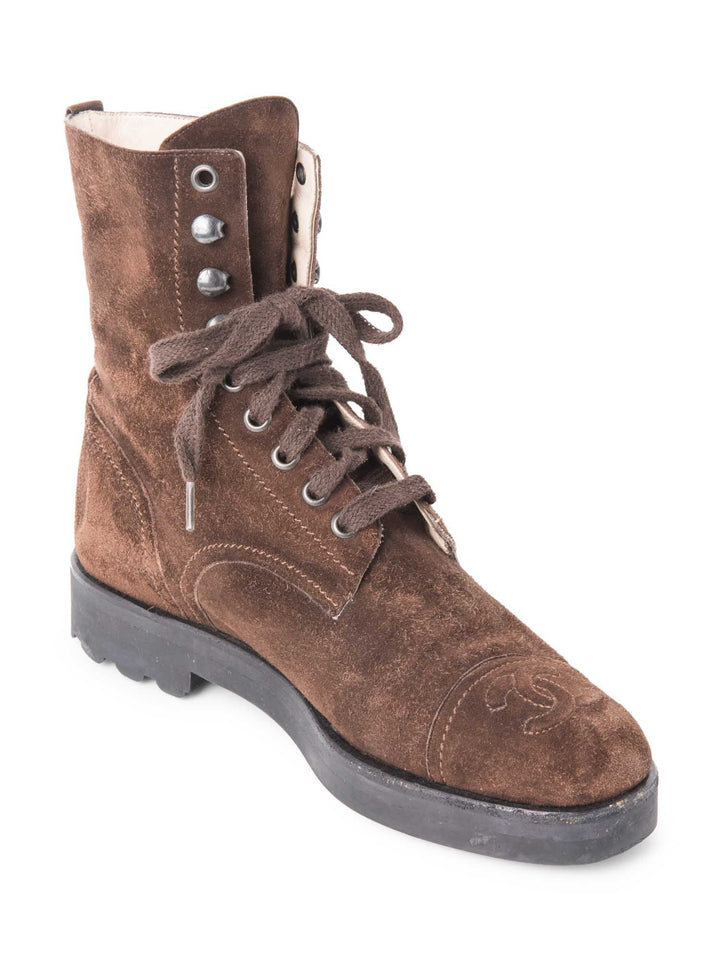 Top Quality Chanel CC Logo Suede Biker Boots Brown