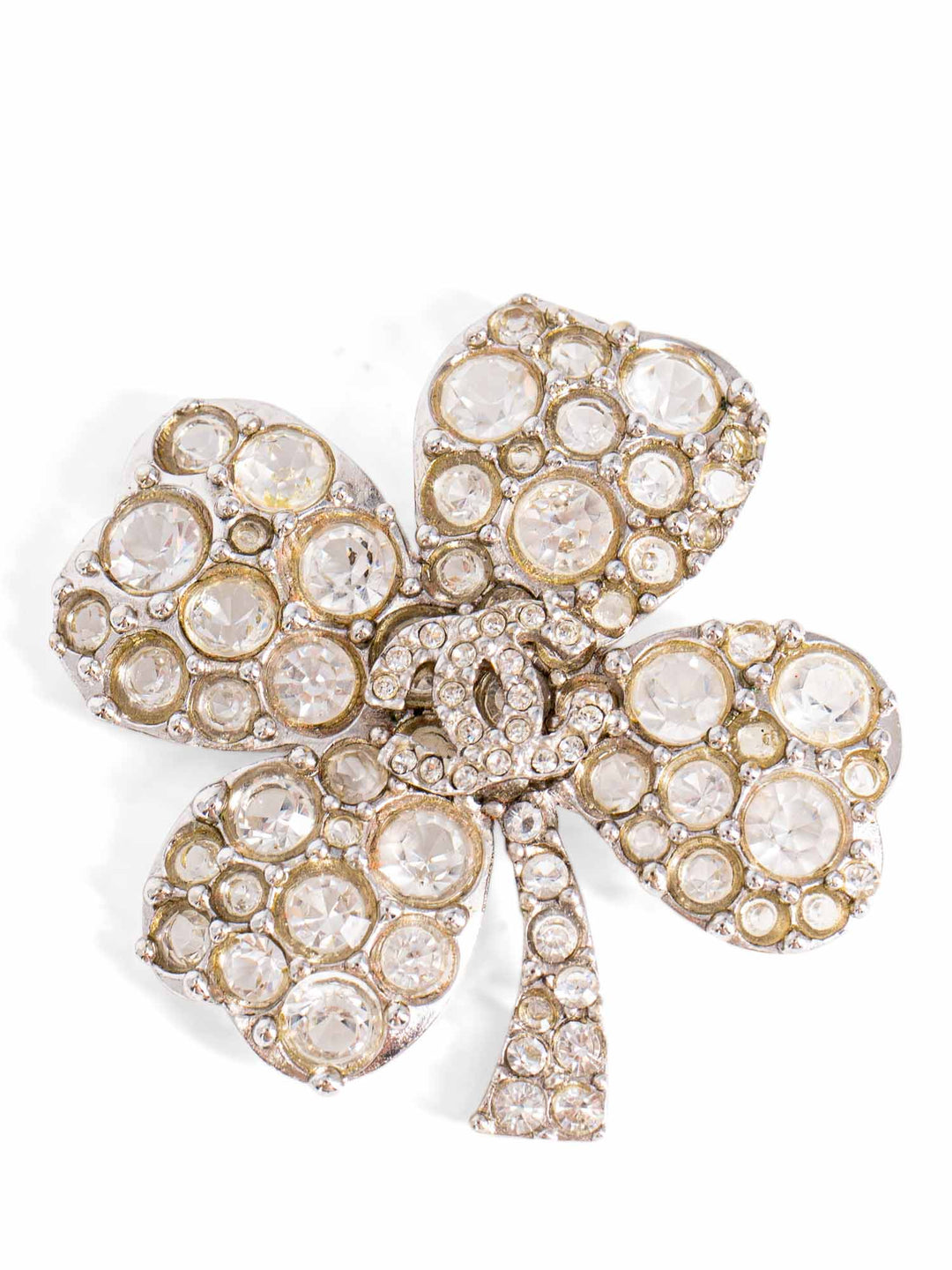 Top Quality Chanel CC Logo Swarovski Crystal Lucky Clover Pin Brooch Silver