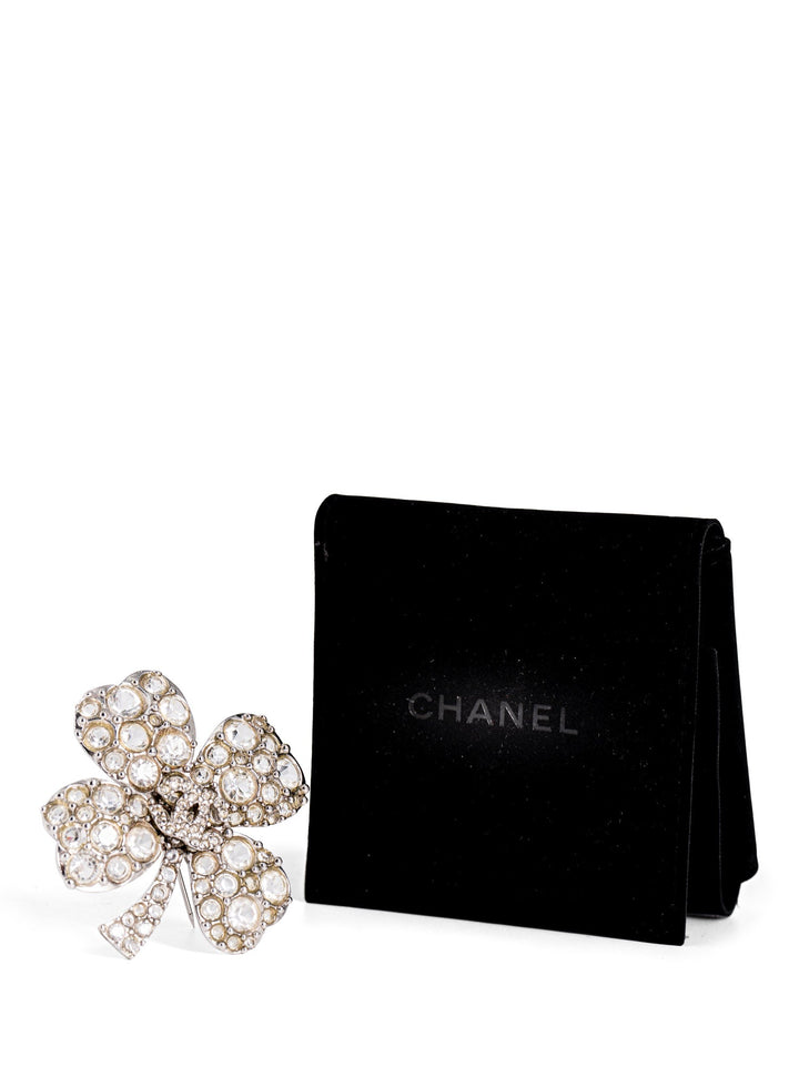 Top Quality Chanel CC Logo Swarovski Crystal Lucky Clover Pin Brooch Silver
