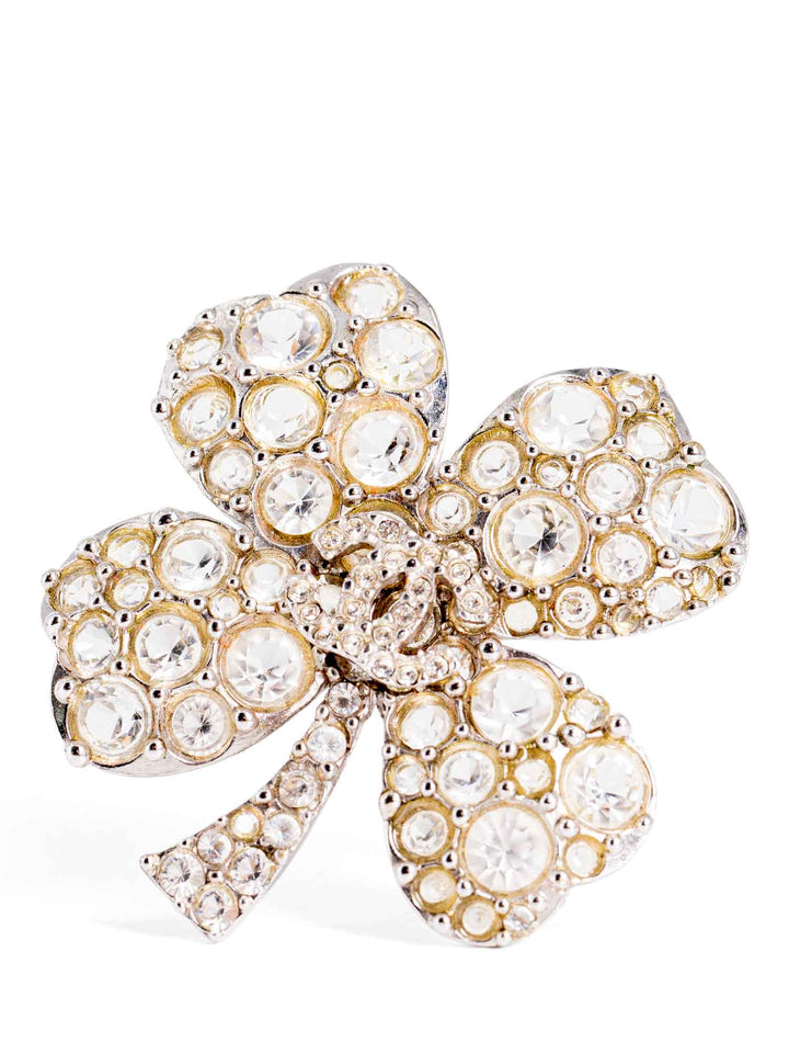 Top Quality Chanel CC Logo Swarovski Crystal Lucky Clover Pin Brooch Silver