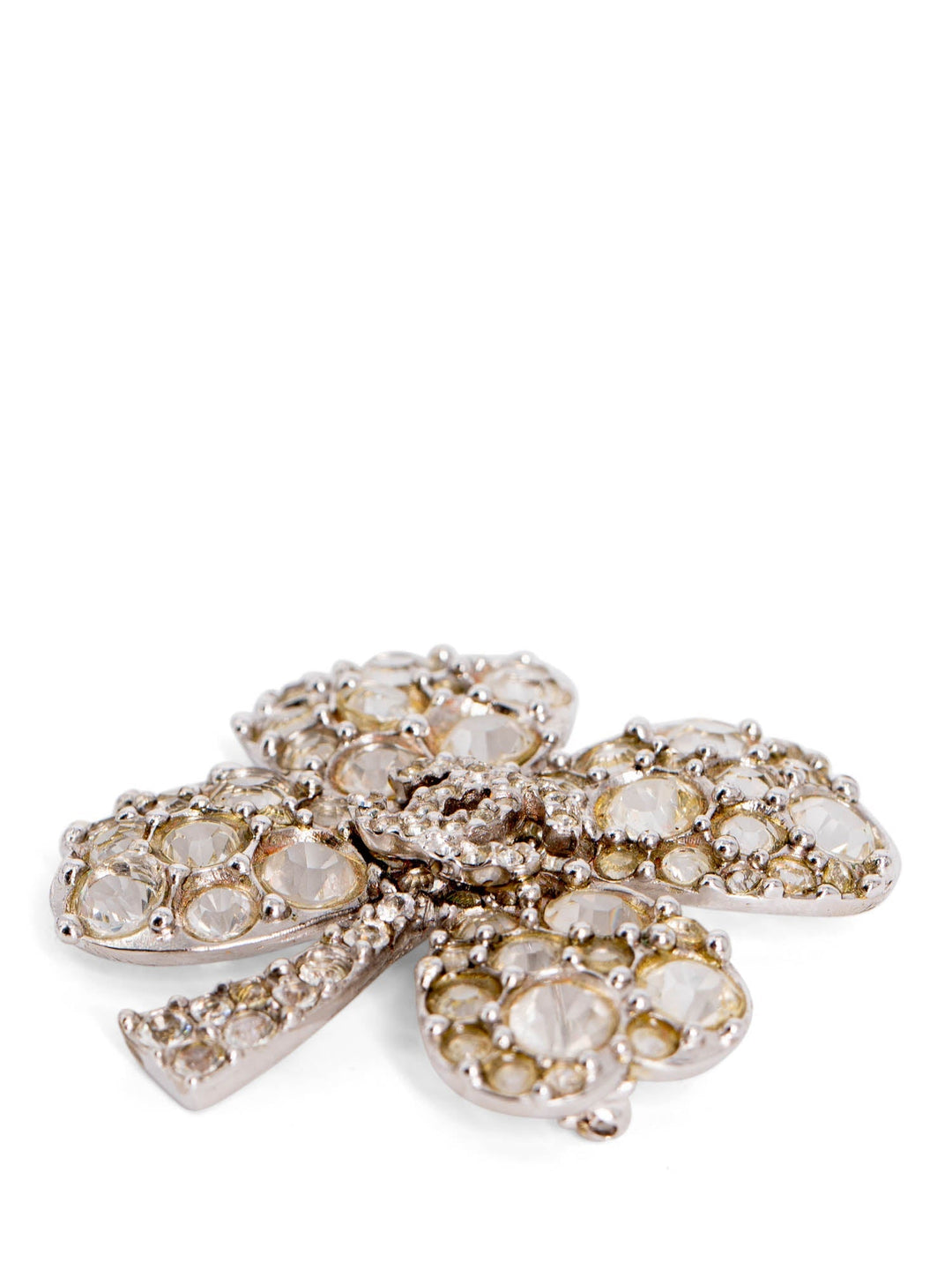 Top Quality Chanel CC Logo Swarovski Crystal Lucky Clover Pin Brooch Silver