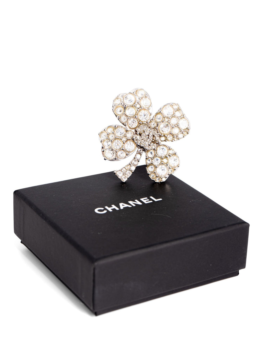 Top Quality Chanel CC Logo Swarovski Crystal Lucky Clover Pin Brooch Silver