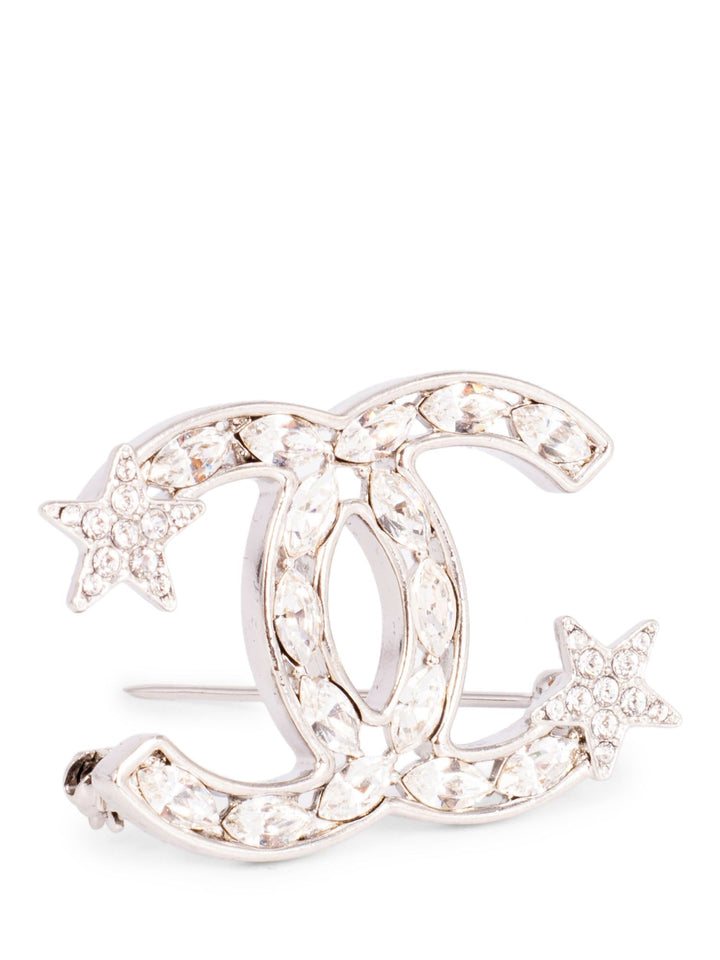 Top Quality Chanel  CC Logo Swarovski Crystal Star Pin Brooch Silver