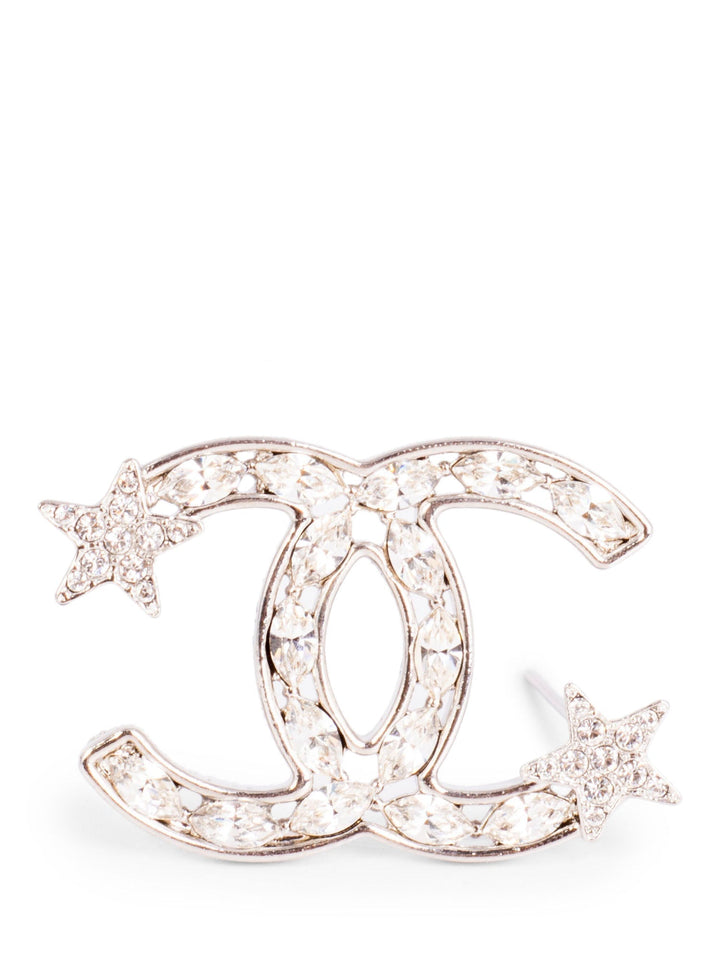 Top Quality Chanel  CC Logo Swarovski Crystal Star Pin Brooch Silver