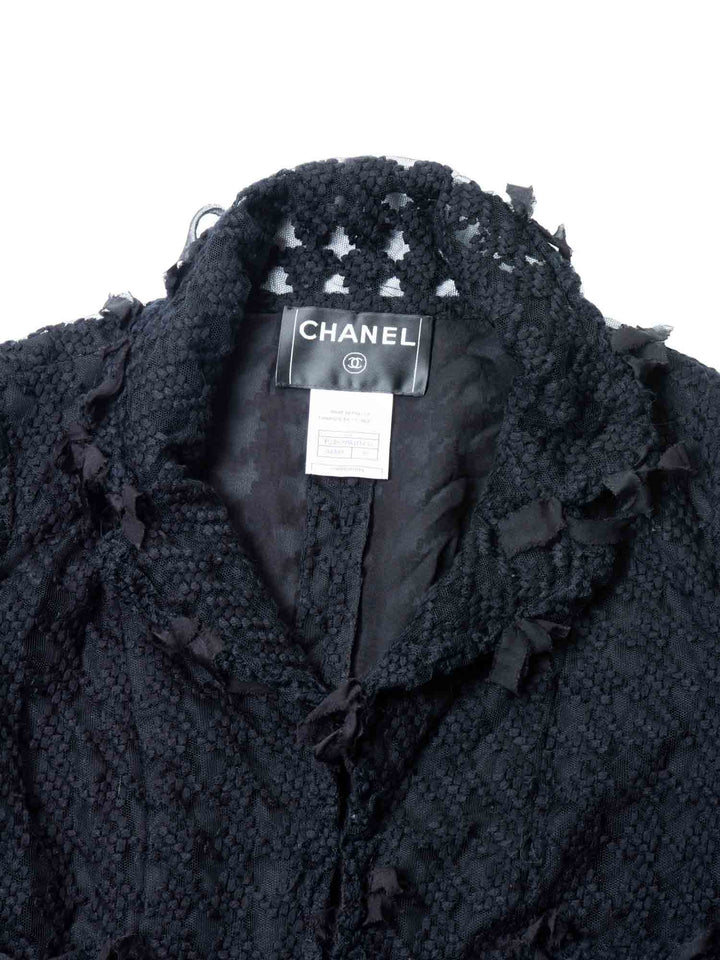 Top Quality Chanel CC Logo Tweed Fringe Camellia Jacket Black