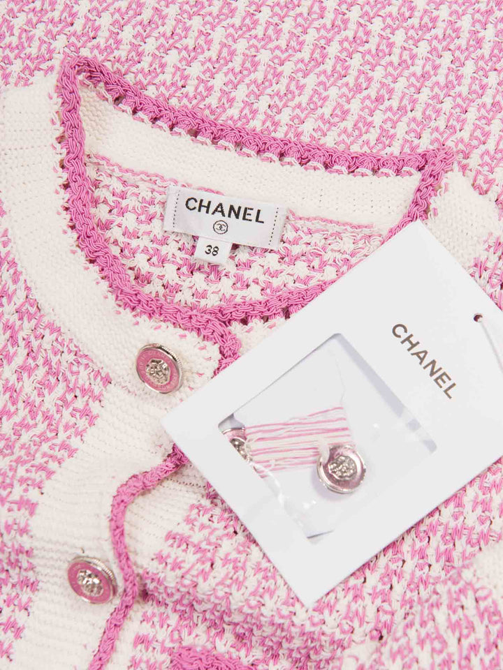 Top Quality Chanel CC Logo Tweed Fringe Mini Dress Pink White