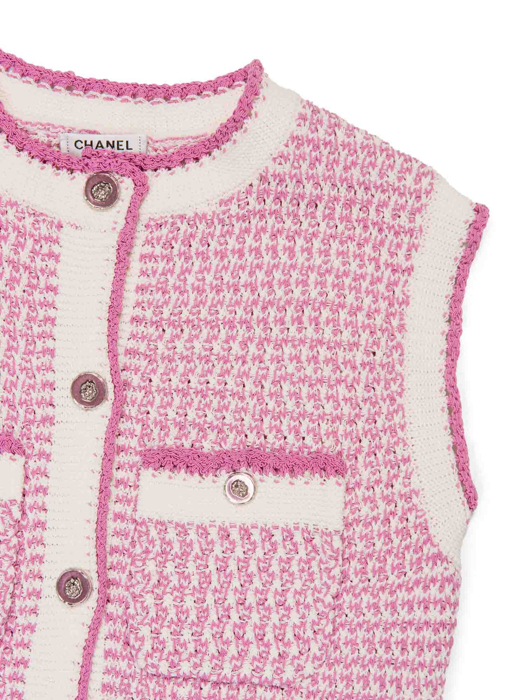 Top Quality Chanel CC Logo Tweed Fringe Mini Dress Pink White