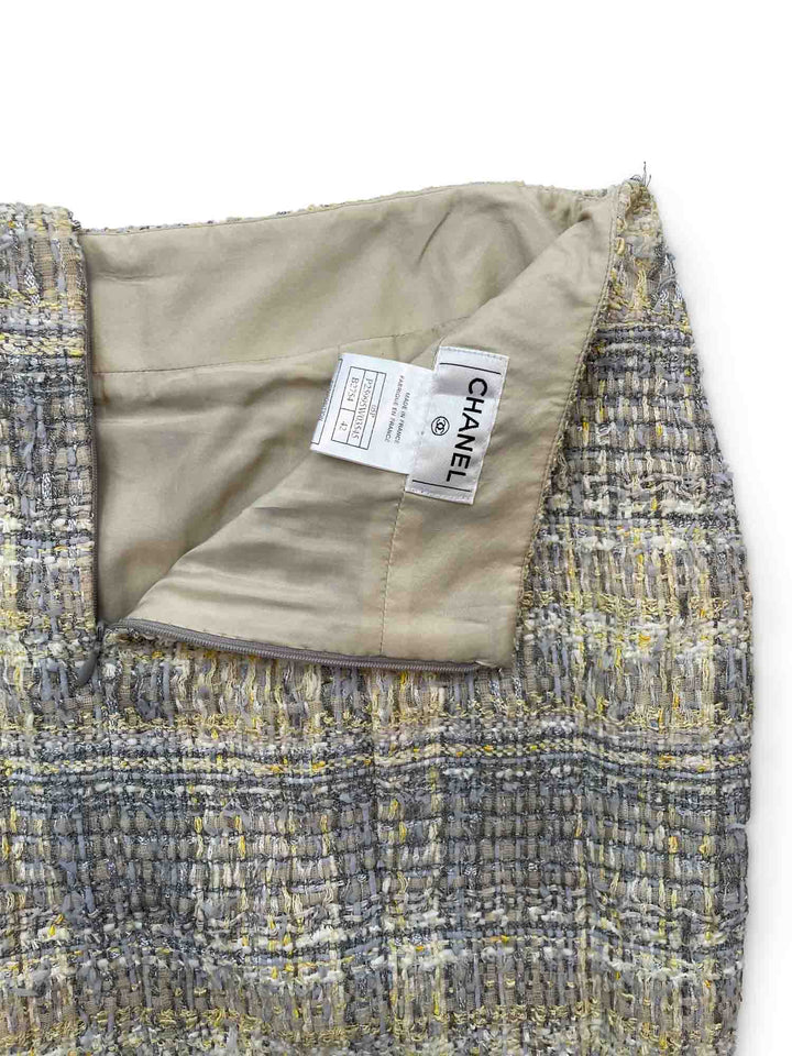 Top Quality Chanel CC Logo Tweed Fringe Skirt Grey Yellow