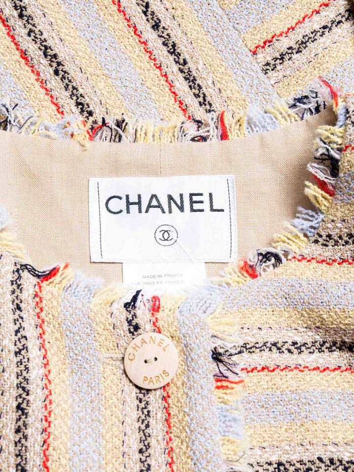 Top Quality Chanel CC Logo Tweed Fringy Fitted Jacket Beige
