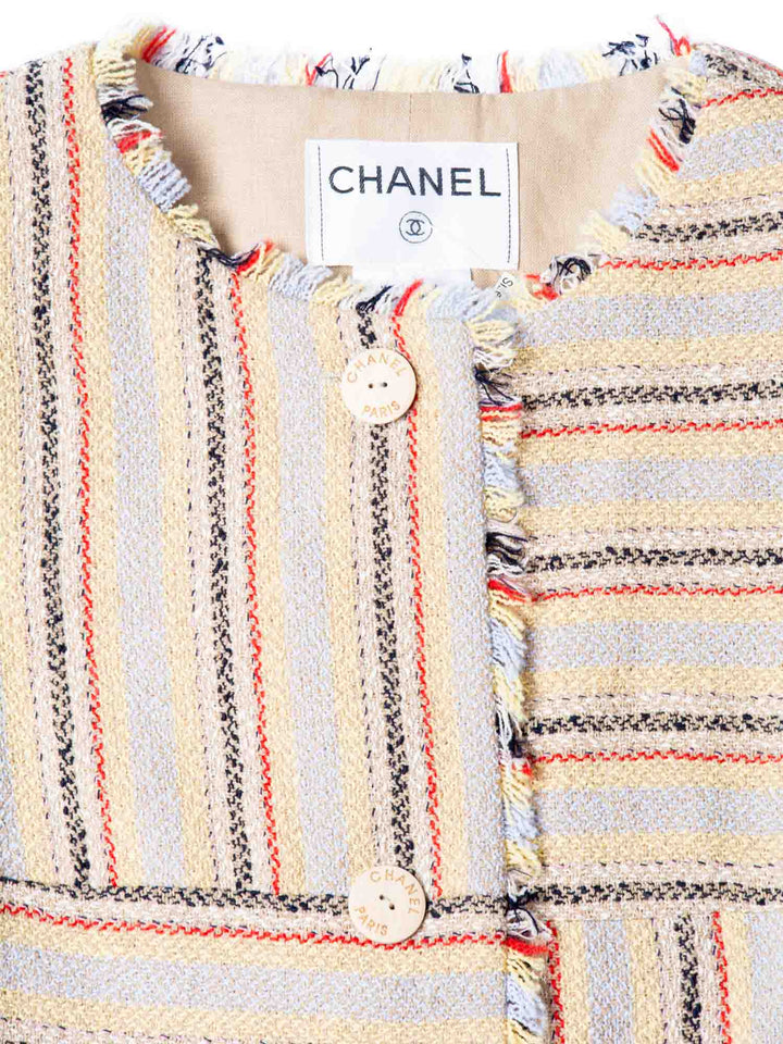 Top Quality Chanel CC Logo Tweed Fringy Fitted Jacket Beige