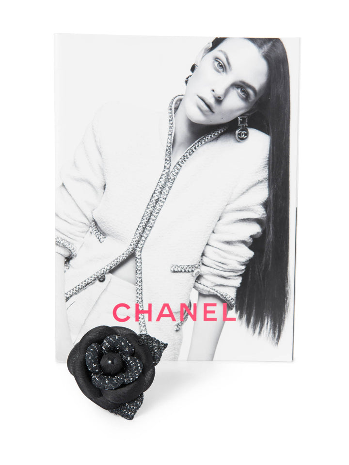 Top Quality Chanel CC Logo Tweed Silk Camellia Brooch Black White