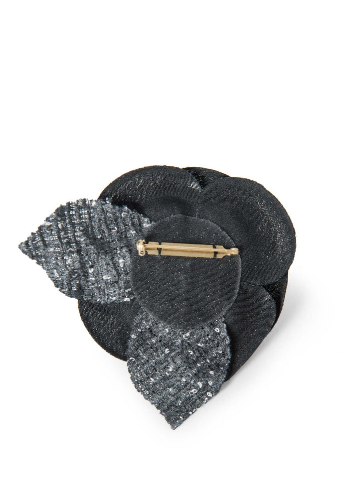 Top Quality Chanel CC Logo Tweed Silk Camellia Brooch Black White