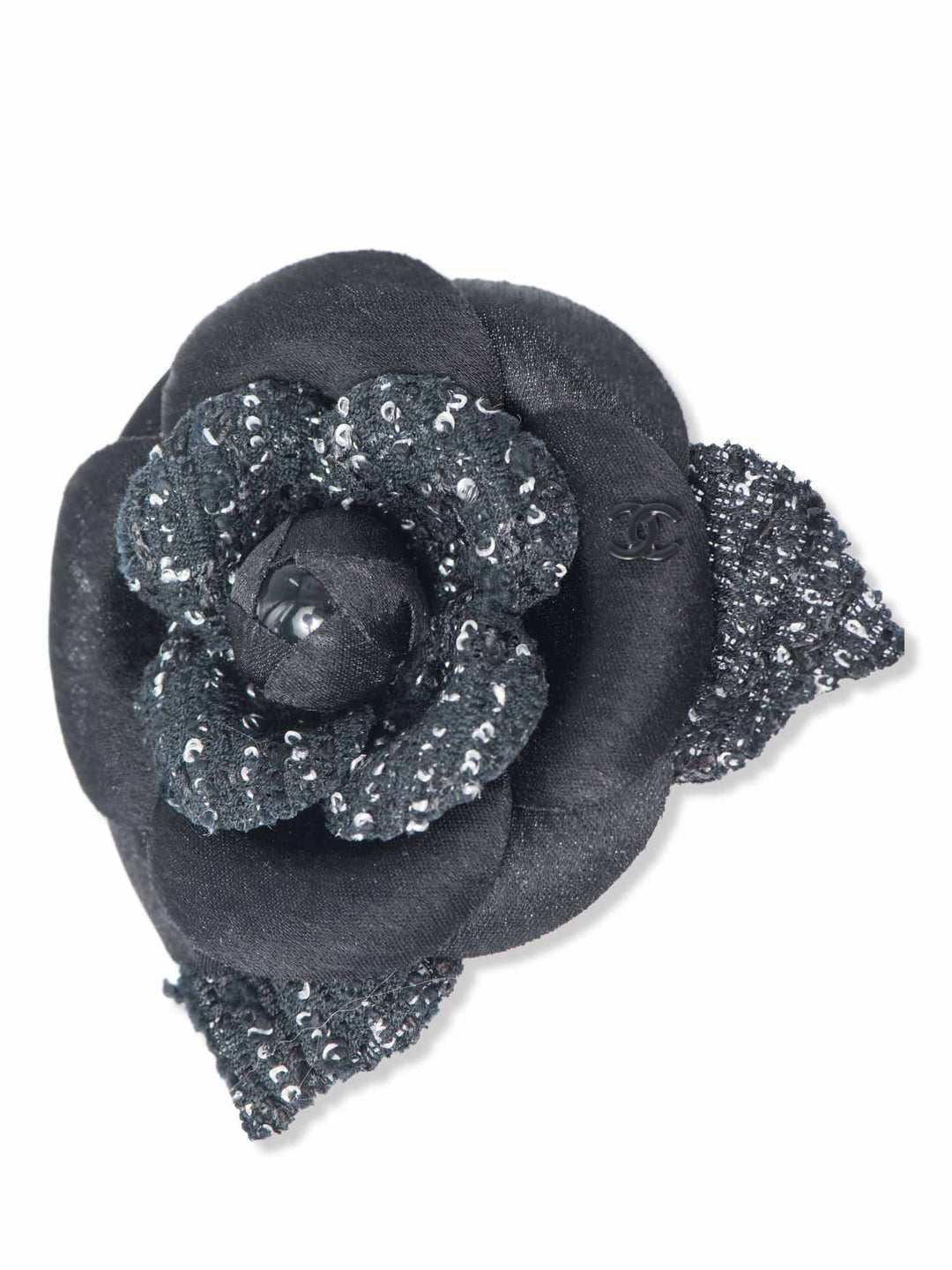 Top Quality Chanel CC Logo Tweed Silk Camellia Brooch Black White