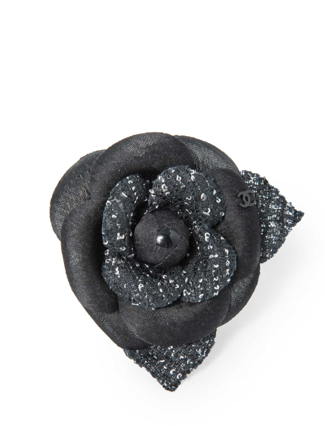 Top Quality Chanel CC Logo Tweed Silk Camellia Brooch Black White