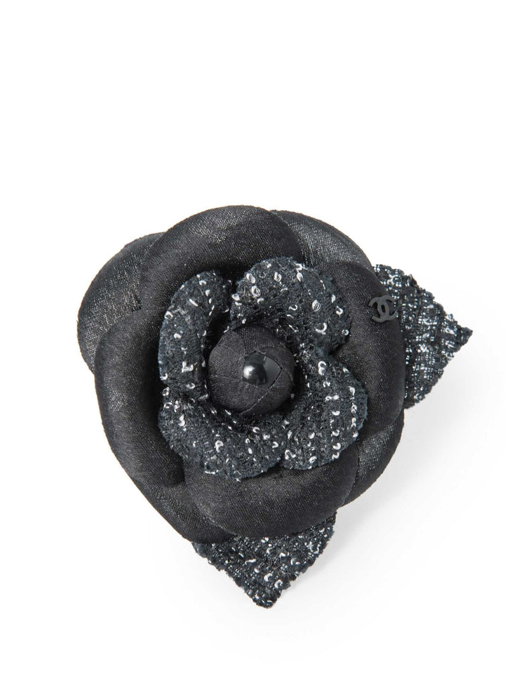 Top Quality Chanel CC Logo Tweed Silk Camellia Brooch Black White