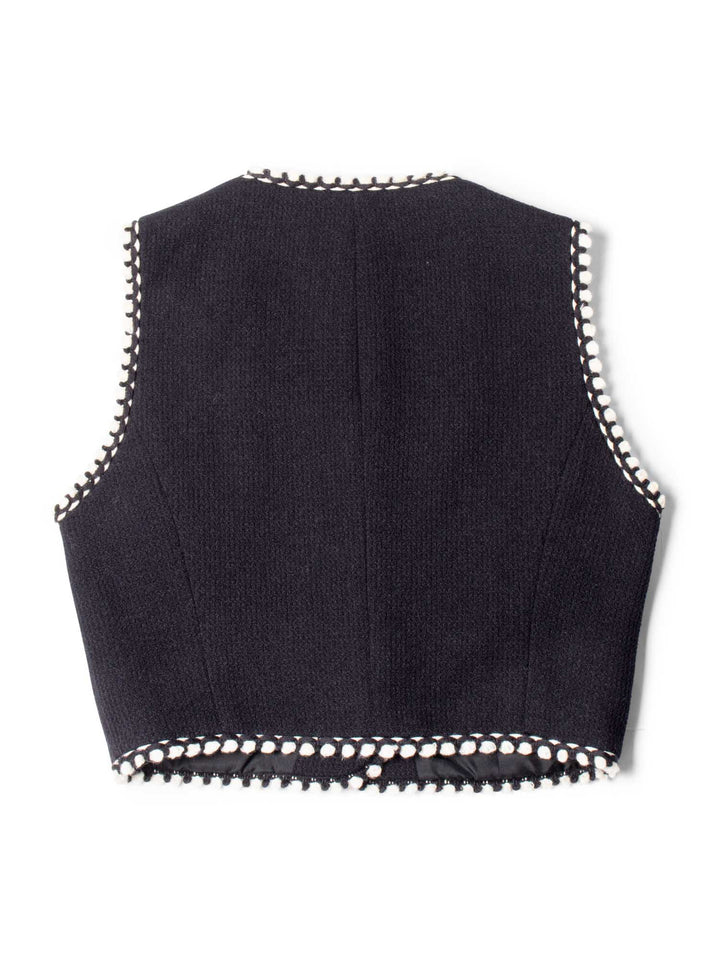 Top Quality Chanel CC Logo Tweed Wool Fringe Vest Black White