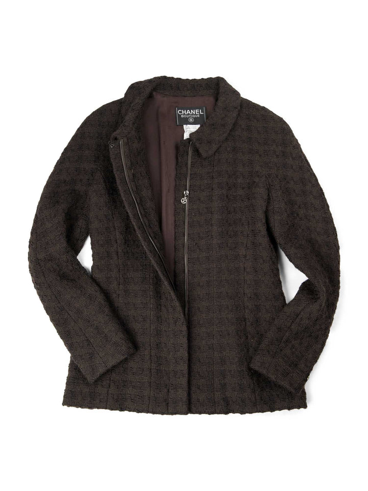 Top Quality Chanel CC Logo Tweed Zip Up Jacket Brown