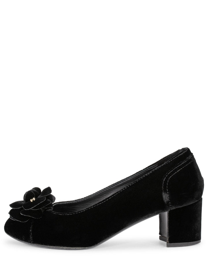 Top Quality Chanel CC Logo Velvet Camellia Round Toe Shoes Black