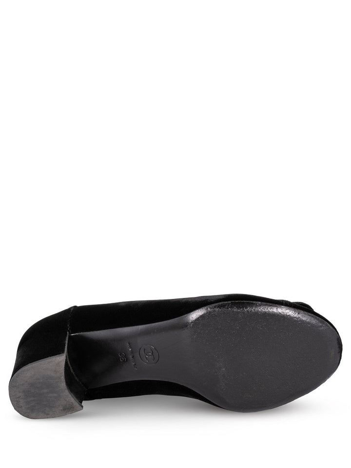 Top Quality Chanel CC Logo Velvet Camellia Round Toe Shoes Black