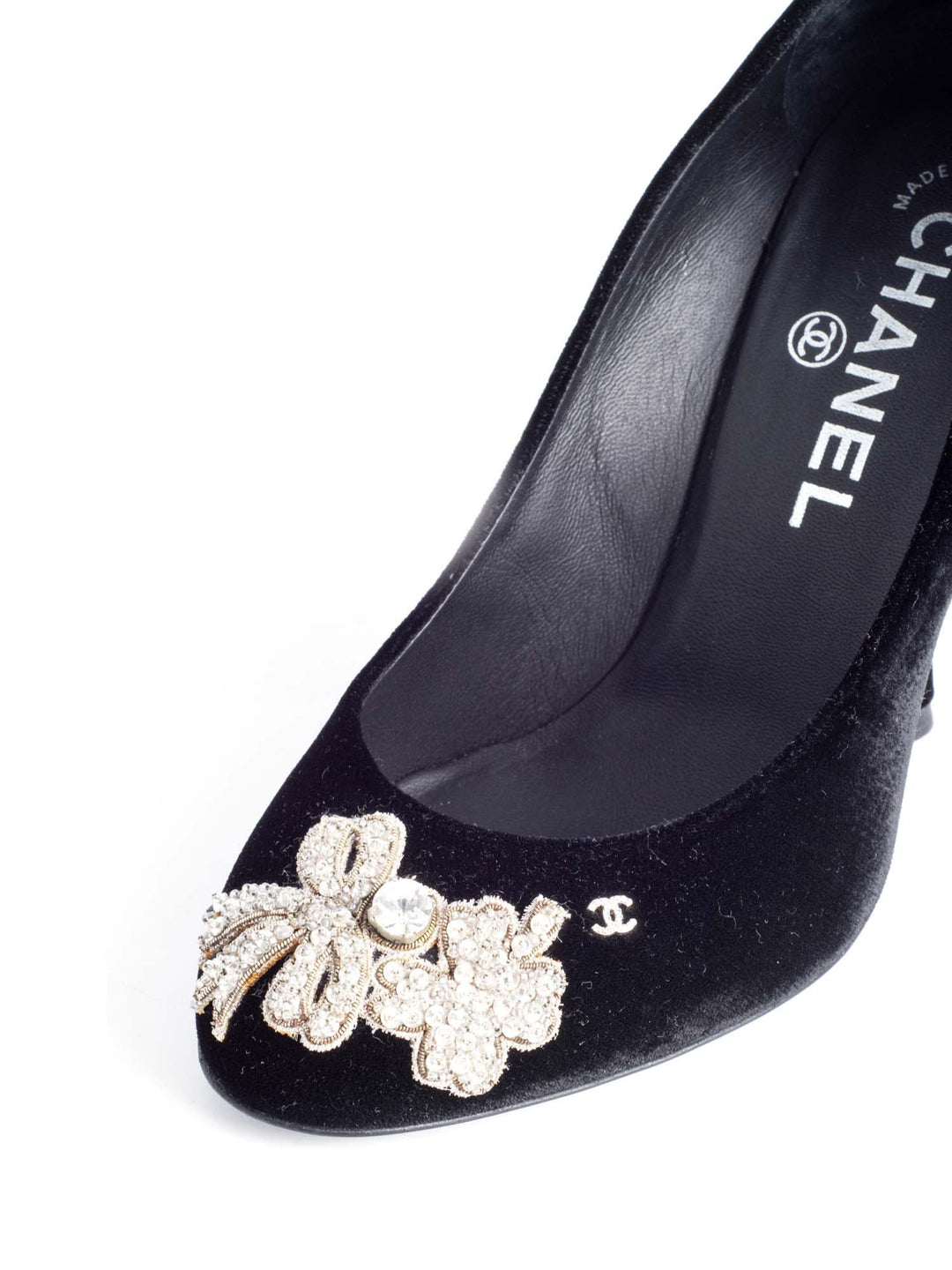 Top Quality Chanel CC Logo Velvet Crystal Heels Black