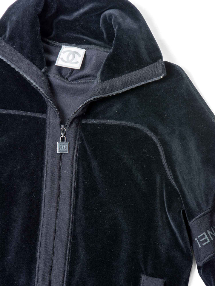 Top Quality Chanel CC Logo Velvet Zip Up Sweatshirt Black