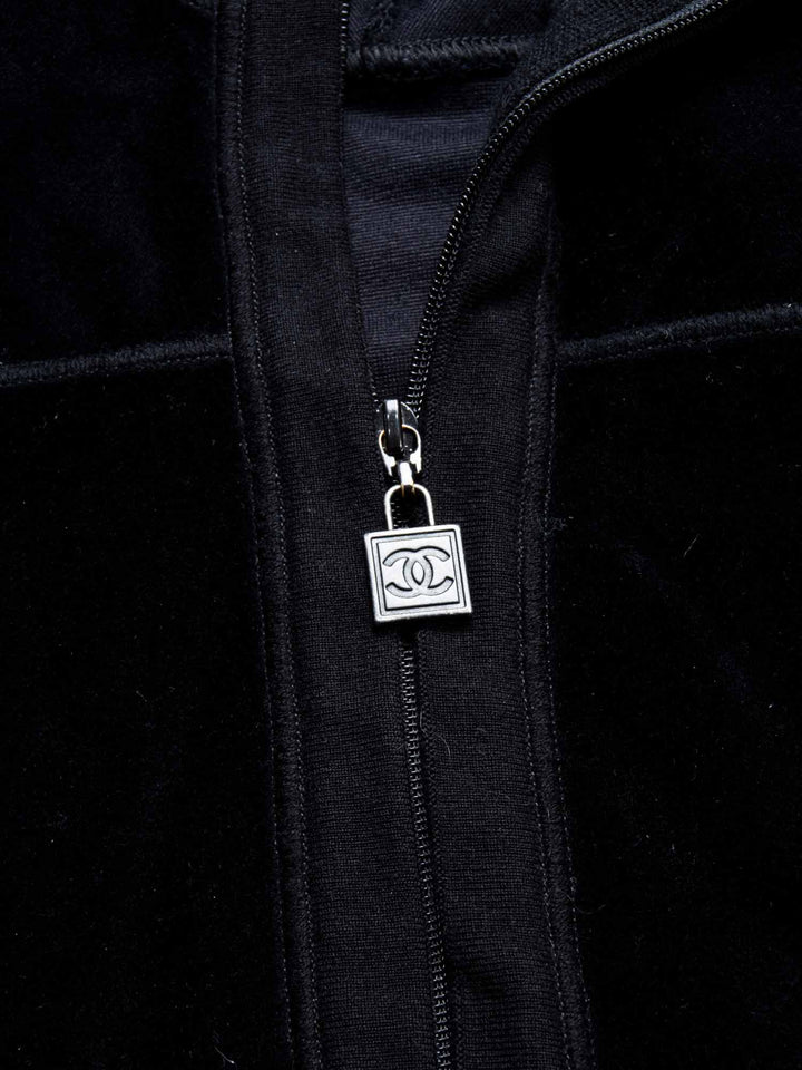 Top Quality Chanel CC Logo Velvet Zip Up Sweatshirt Black