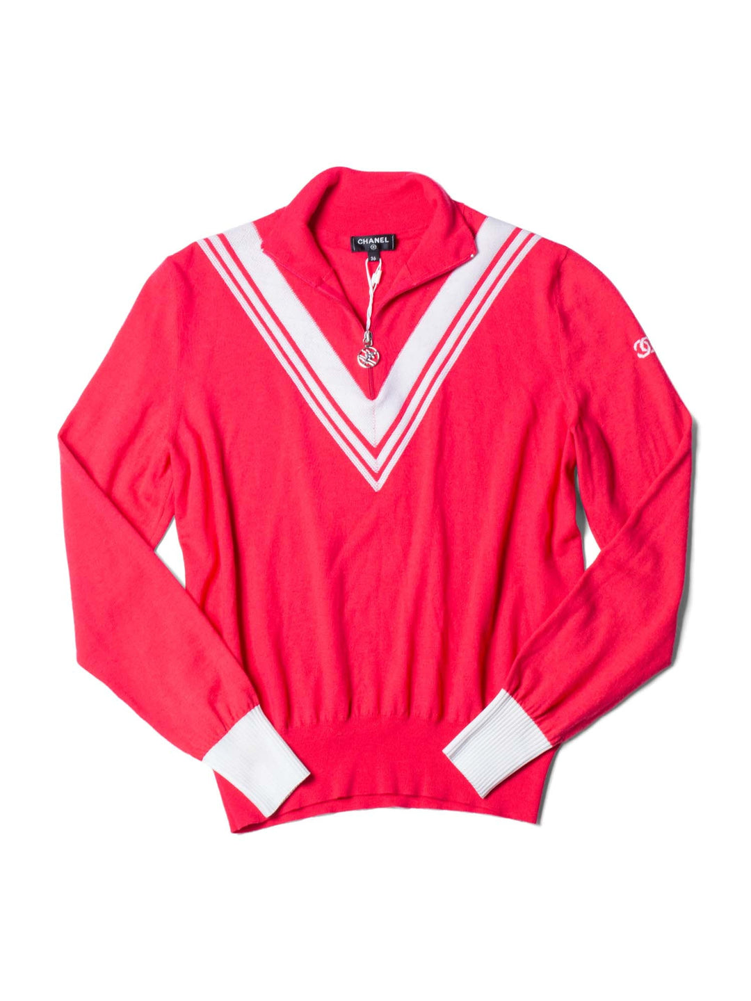CHANEL CC Logo Wool Chevron Sweater Pink White-designer resale