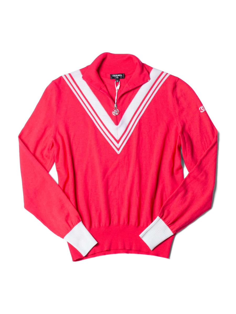 CHANEL CC Logo Wool Chevron Sweater Pink White-designer resale