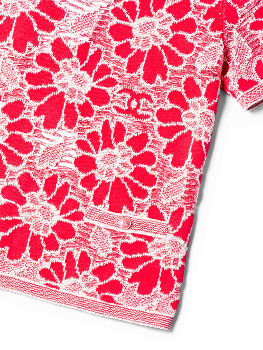 Top Quality Chanel CC Logo Wool Cotton Floral Eyelet Embroidered Top Pink White