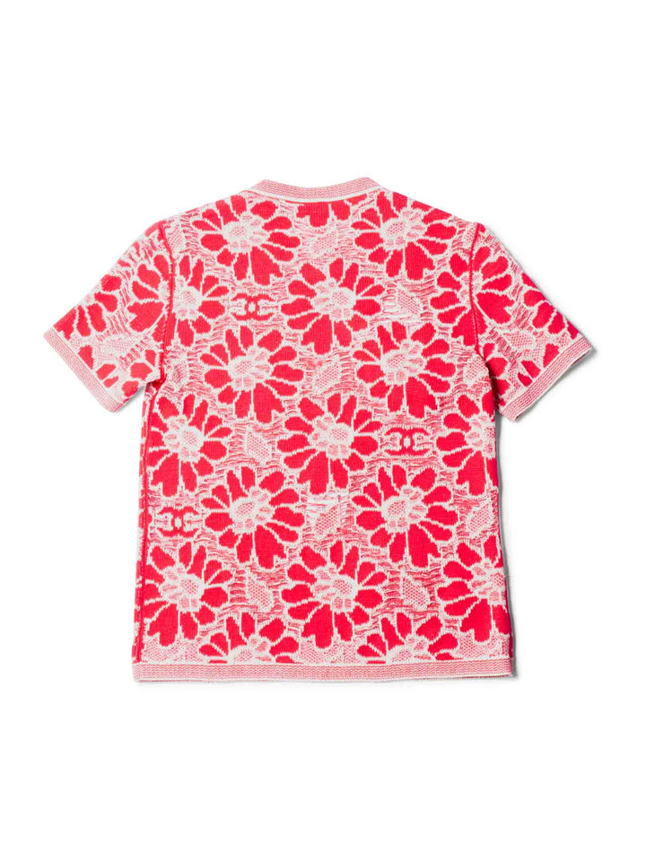 Top Quality Chanel CC Logo Wool Cotton Floral Eyelet Embroidered Top Pink White