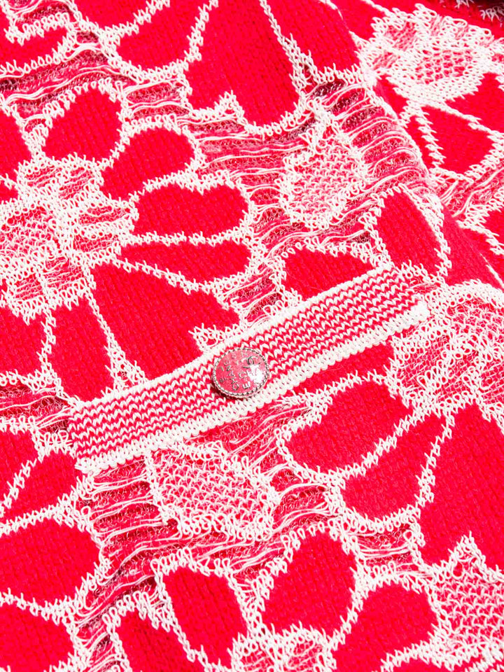 Top Quality Chanel CC Logo Wool Cotton Floral Eyelet Embroidered Top Pink White
