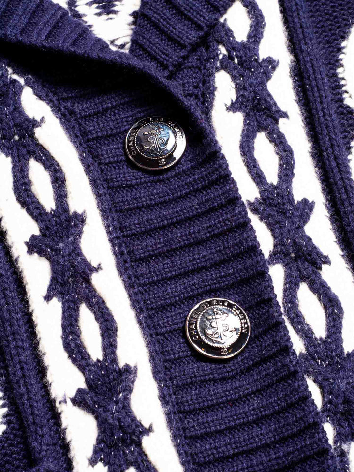 Top Quality Chanel Cable Knit Cashmere Sparkly Nautical Cardigan Blue White