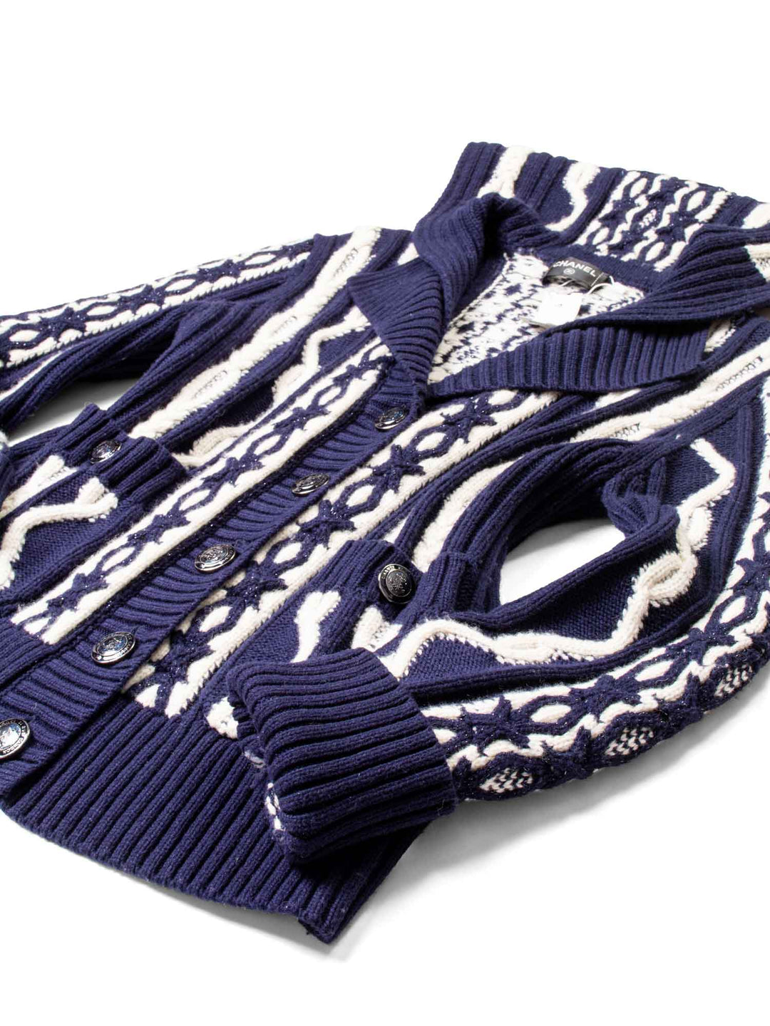 Top Quality Chanel Cable Knit Cashmere Sparkly Nautical Cardigan Blue White