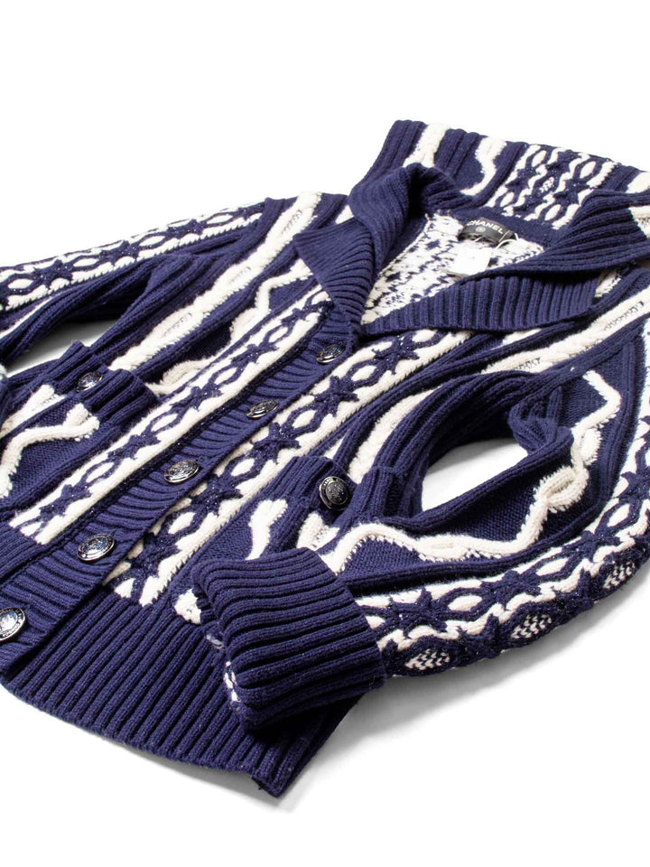 Top Quality Chanel Cable Knit Cashmere Sparkly Nautical Cardigan Blue White