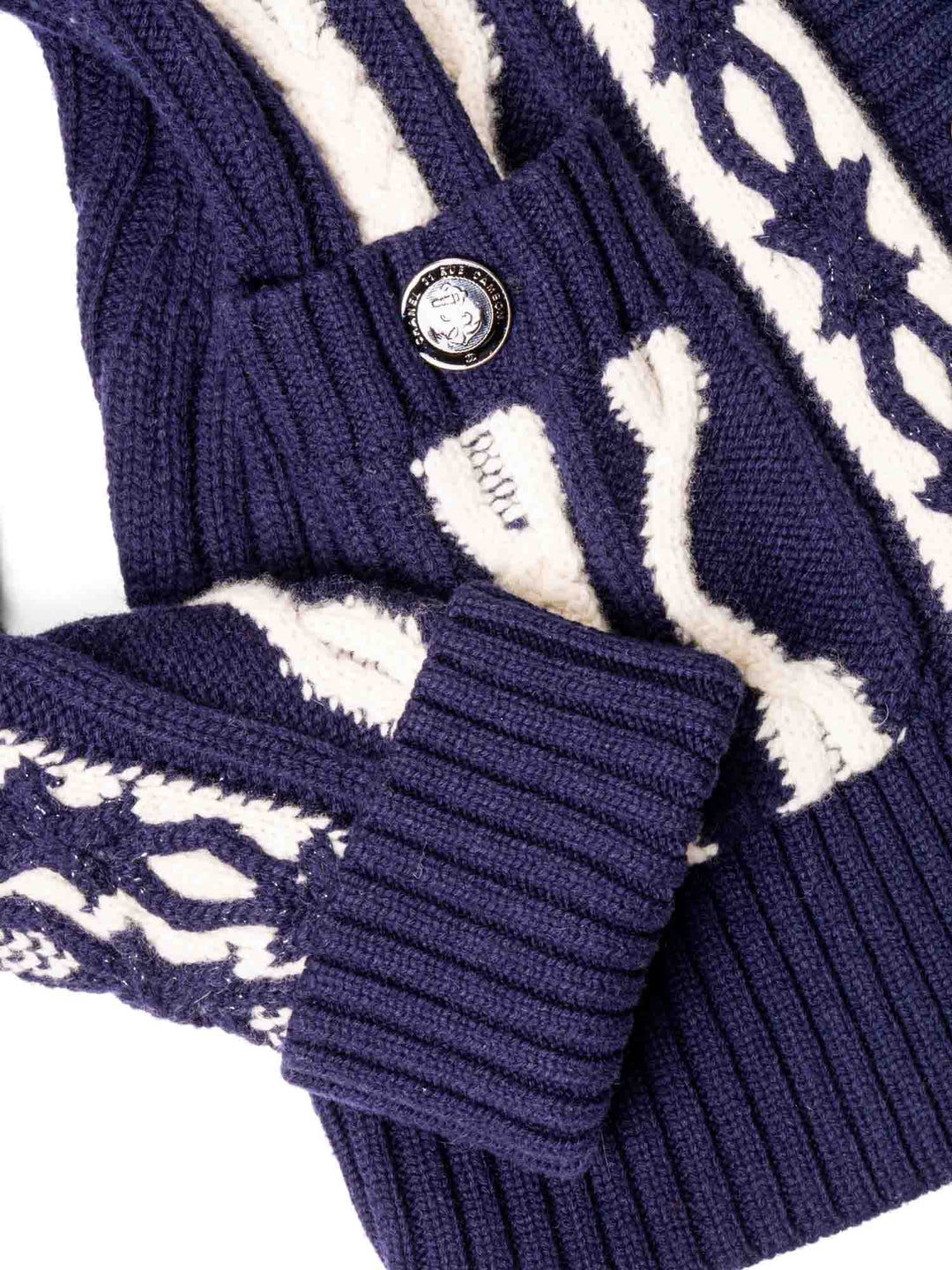 Top Quality Chanel Cable Knit Cashmere Sparkly Nautical Cardigan Blue White