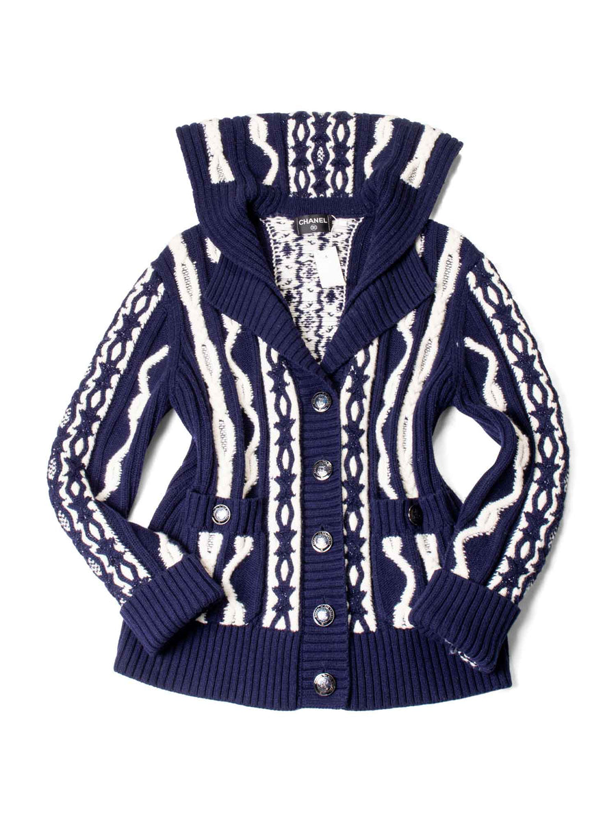CHANEL Cable Knit Cashmere Sparkly Nautical Cardigan Blue White-designer resale