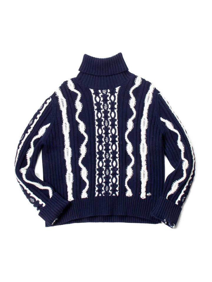 CHANEL Cable Knit Cashmere Sparkly Nautical Sweater Blue White-designer resale