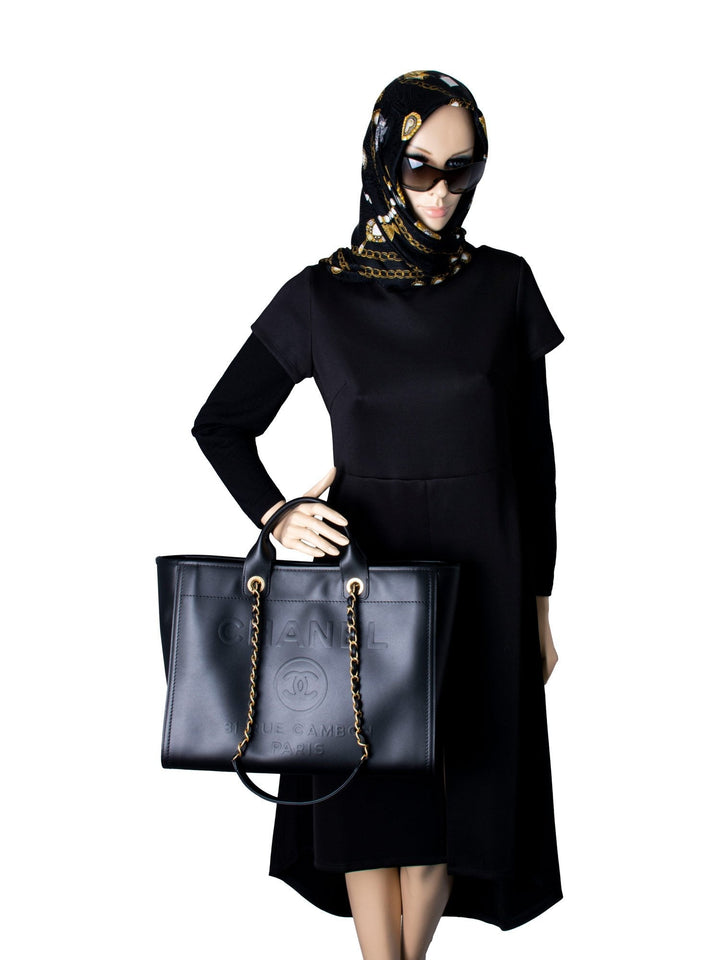 Top Quality Chanel Calfskin Large Deauville Tote Black Gold