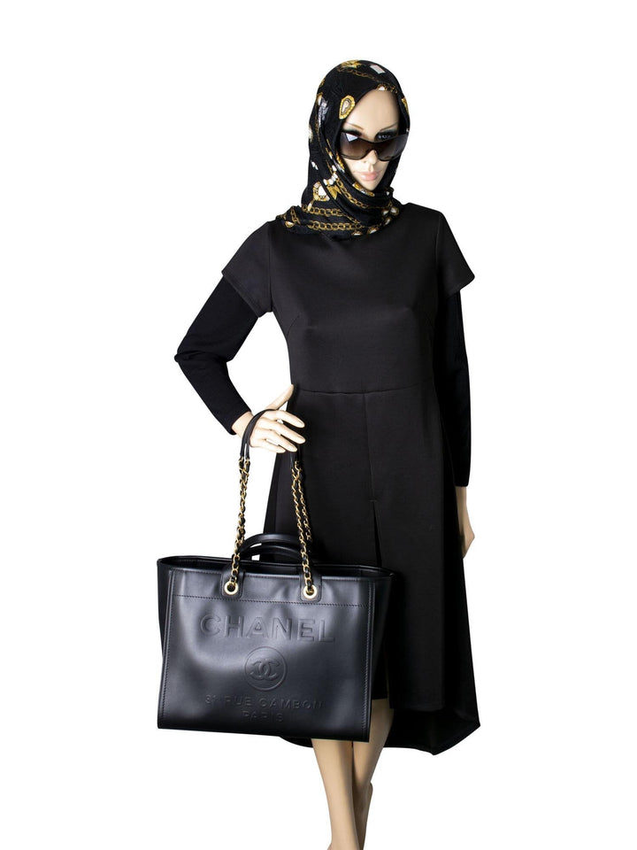 Top Quality Chanel Calfskin Large Deauville Tote Black Gold