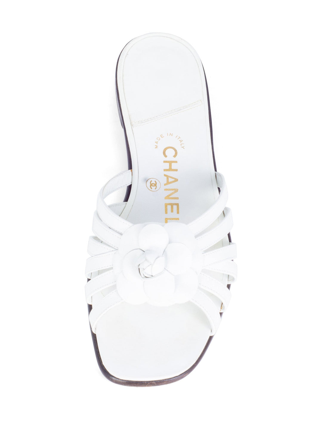 Top Quality Chanel Cameilla Leather Slip On Strap Sandals White