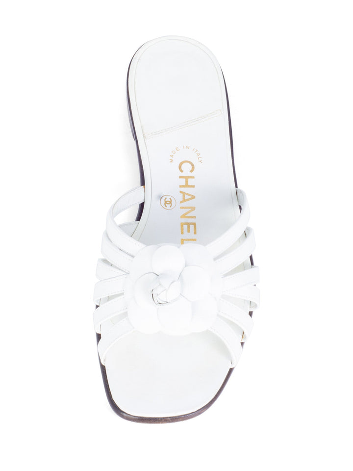 Top Quality Chanel Cameilla Leather Slip On Strap Sandals White