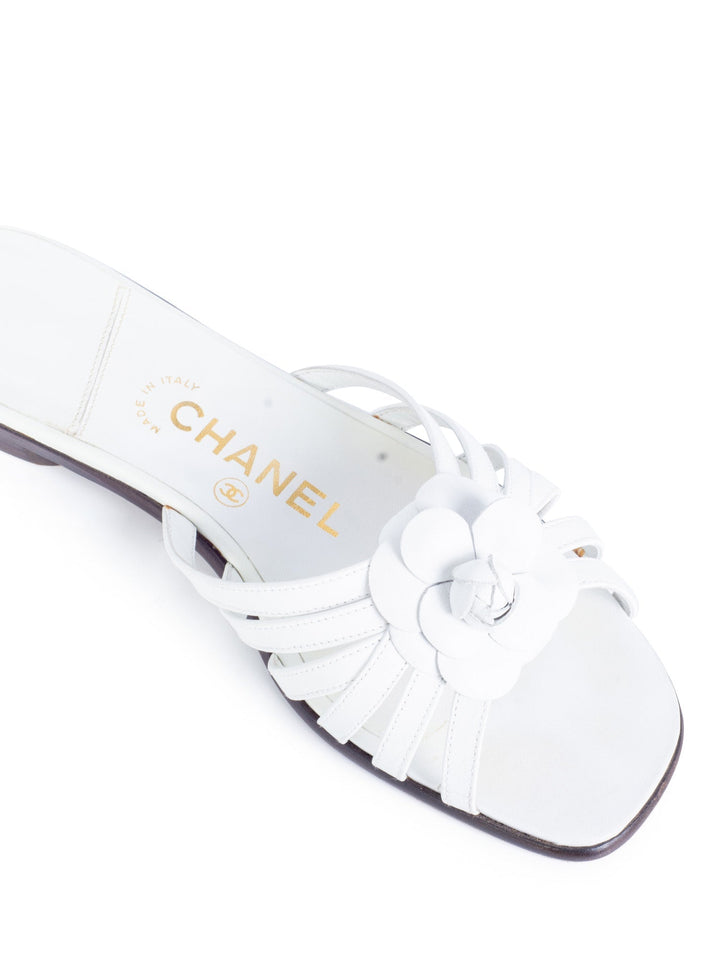 Top Quality Chanel Cameilla Leather Slip On Strap Sandals White